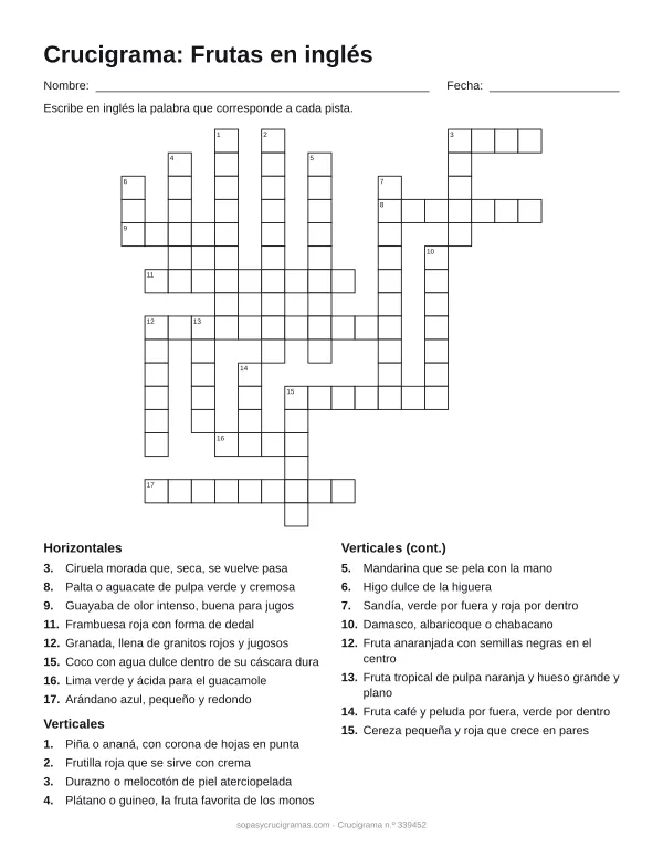 Hoja para imprimir del crucigrama de las frutas en inglés: cuadrícula numerada de 17 × 18 con 8 palabras horizontales y 12 verticales, y la lista de pistas.