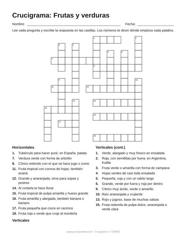 Hoja para imprimir del crucigrama de frutas y verduras: cuadrícula numerada de 15 × 14 con 10 palabras horizontales y 10 verticales, y la lista de pistas.