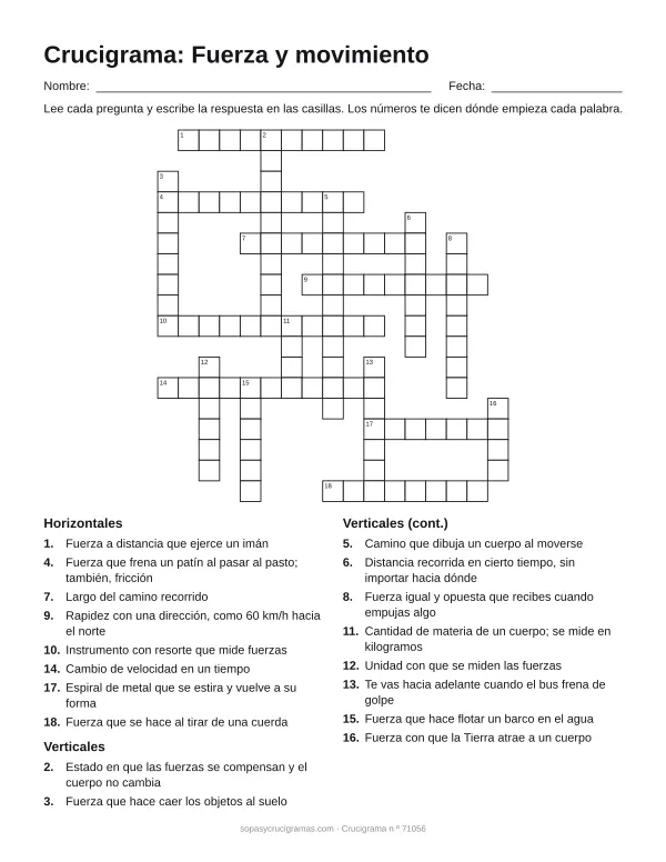 Hoja para imprimir del crucigrama de fuerza y movimiento: cuadrícula numerada de 18 × 17 con 8 palabras horizontales y 10 verticales, y la lista de pistas.