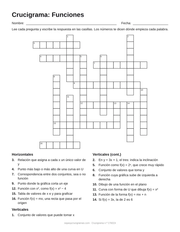 Hoja para imprimir del crucigrama de funciones: cuadrícula numerada de 17 × 17 con 7 palabras horizontales y 9 verticales, y la lista de pistas.