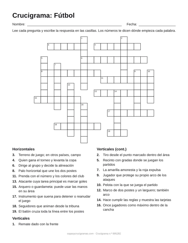 Hoja para imprimir del crucigrama de fútbol: cuadrícula numerada de 16 × 18 con 10 palabras horizontales y 9 verticales, y la lista de pistas.
