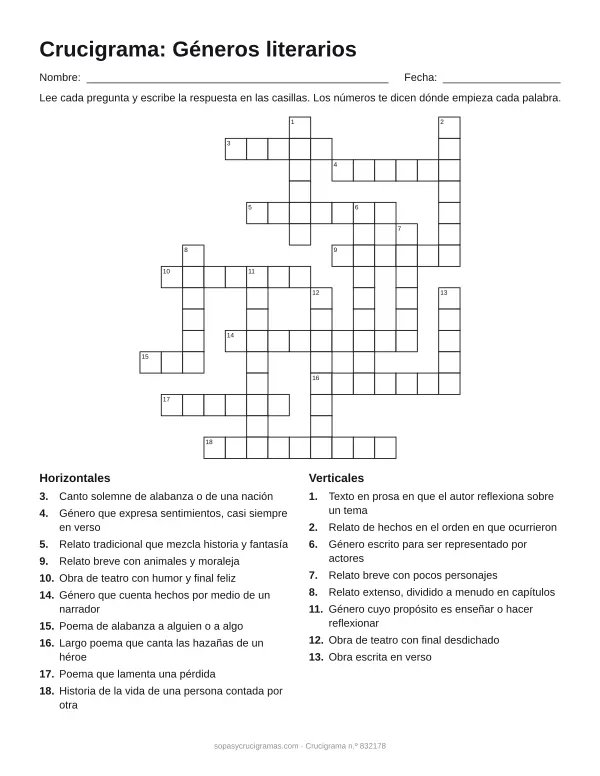 Hoja para imprimir del crucigrama de los géneros literarios: cuadrícula numerada de 16 × 15 con 10 palabras horizontales y 8 verticales, y la lista de pistas.