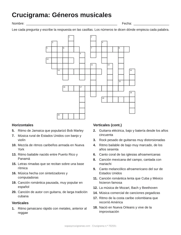 Hoja para imprimir del crucigrama de géneros musicales: cuadrícula numerada de 15 × 16 con 8 palabras horizontales y 12 verticales, y la lista de pistas.