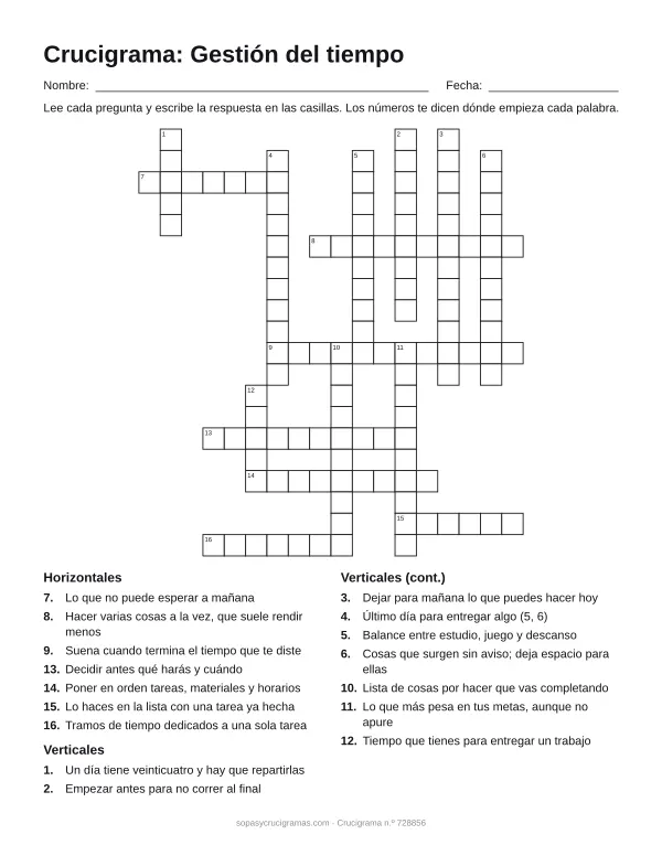 Hoja para imprimir del crucigrama de la gestión del tiempo: cuadrícula numerada de 20 × 18 con 7 palabras horizontales y 9 verticales, y la lista de pistas.