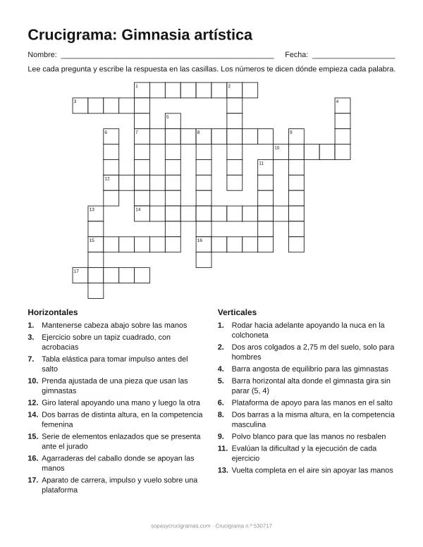 Hoja para imprimir del crucigrama de gimnasia artística: cuadrícula numerada de 14 × 18 con 9 palabras horizontales y 9 verticales, y la lista de pistas.