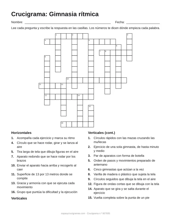Hoja para imprimir del crucigrama de gimnasia rítmica: cuadrícula numerada de 17 × 17 con 8 palabras horizontales y 10 verticales, y la lista de pistas.
