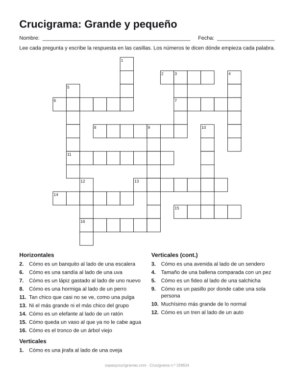 Hoja para imprimir del crucigrama de grande y pequeño: cuadrícula numerada de 14 × 14 con 9 palabras horizontales y 7 verticales, y la lista de pistas.