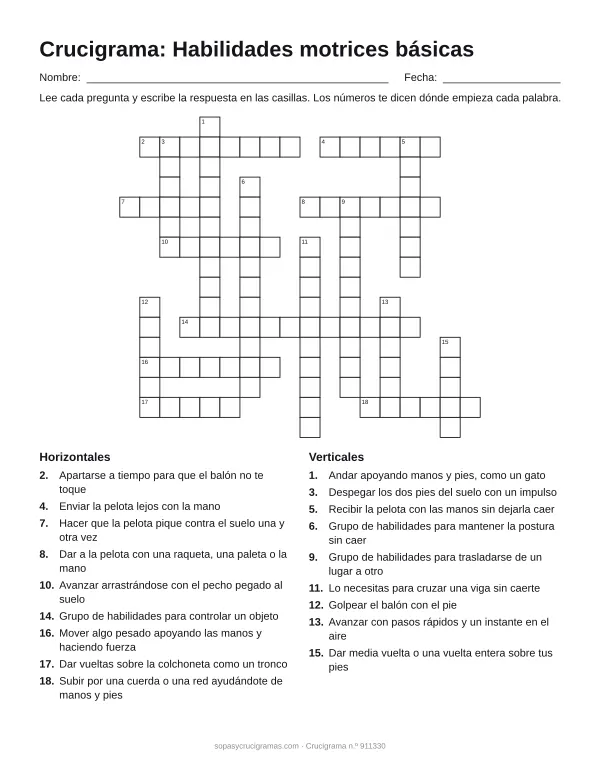 Hoja para imprimir del crucigrama de las habilidades motrices básicas: cuadrícula numerada de 16 × 18 con 9 palabras horizontales y 9 verticales, y la lista de pistas.
