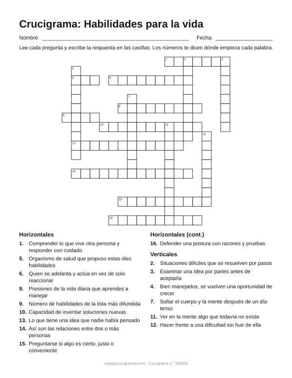 Hoja para imprimir del crucigrama de habilidades para la vida: cuadrícula numerada de 18 × 18 con 10 palabras horizontales y 6 verticales, y la lista de pistas.