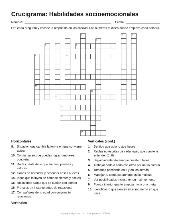 Hoja para imprimir del crucigrama de habilidades socioemocionales: cuadrícula numerada de 20 × 20 con 8 palabras horizontales y 9 verticales, y la lista de pistas.