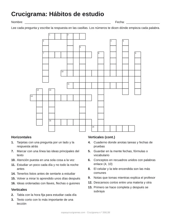 Hoja para imprimir del crucigrama de hábitos de estudio: cuadrícula numerada de 16 × 18 con 7 palabras horizontales y 9 verticales, y la lista de pistas.