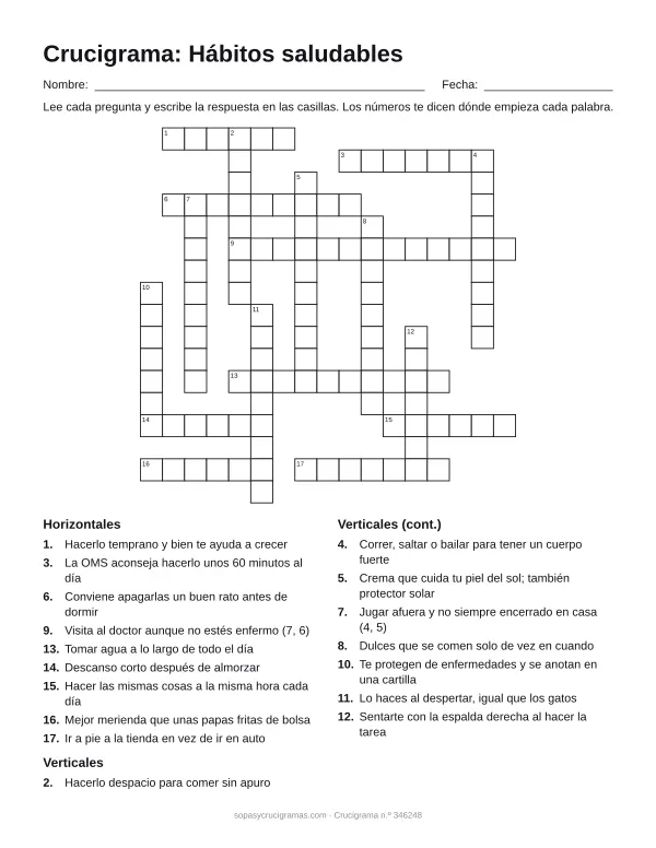 Hoja para imprimir del crucigrama de hábitos saludables: cuadrícula numerada de 17 × 17 con 9 palabras horizontales y 8 verticales, y la lista de pistas.