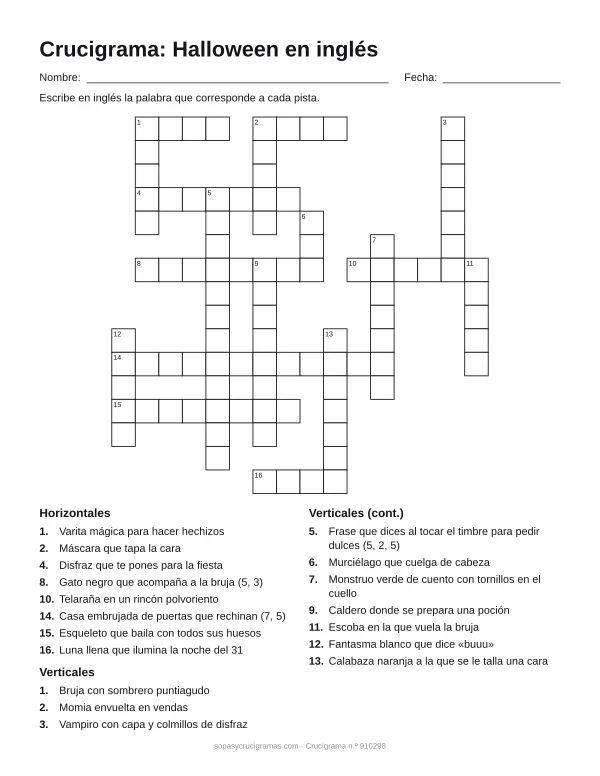 Hoja para imprimir del crucigrama de Halloween en inglés: cuadrícula numerada de 16 × 16 con 8 palabras horizontales y 10 verticales, y la lista de pistas.
