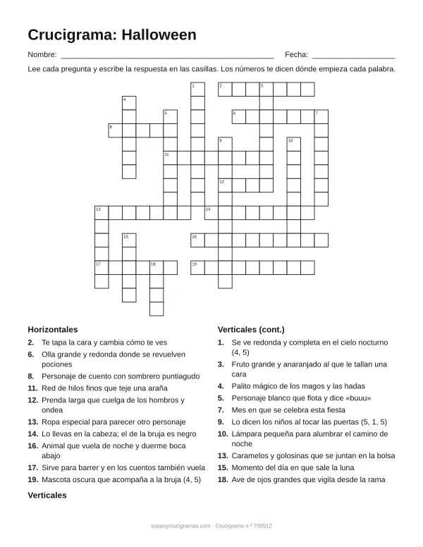 Hoja para imprimir del crucigrama de Halloween: cuadrícula numerada de 17 × 17 con 10 palabras horizontales y 10 verticales, y la lista de pistas.