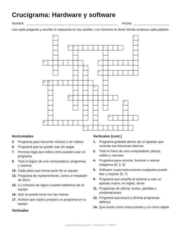Hoja para imprimir del crucigrama de hardware y software: cuadrícula numerada de 19 × 19 con 9 palabras horizontales y 8 verticales, y la lista de pistas.