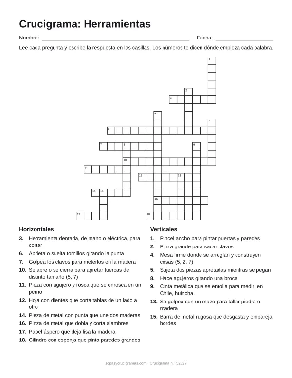 Hoja para imprimir del crucigrama de herramientas: cuadrícula numerada de 21 × 18 con 10 palabras horizontales y 8 verticales, y la lista de pistas.