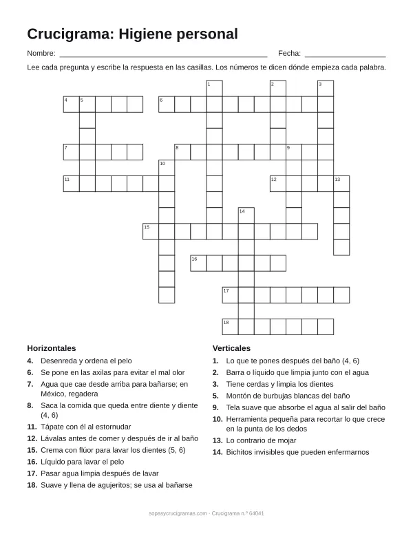 Hoja para imprimir del crucigrama de higiene personal: cuadrícula numerada de 16 × 18 con 10 palabras horizontales y 8 verticales, y la lista de pistas.
