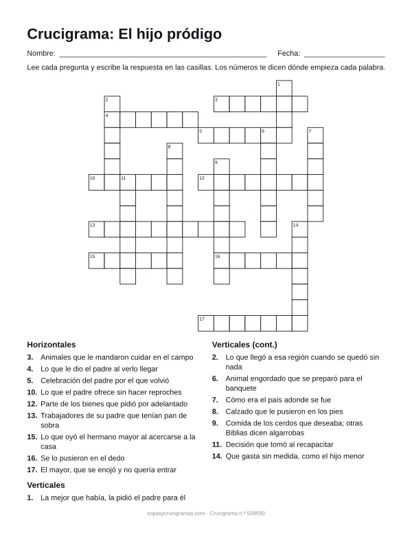 Hoja para imprimir del crucigrama de la parábola del hijo pródigo: cuadrícula numerada de 16 × 15 con 9 palabras horizontales y 8 verticales, y la lista de pistas.