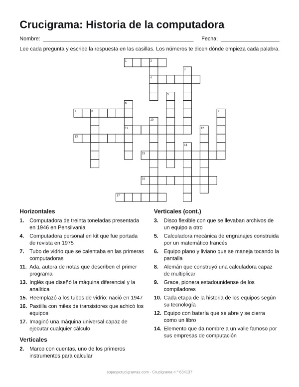 Hoja para imprimir del crucigrama de la historia de la computadora: cuadrícula numerada de 17 × 18 con 8 palabras horizontales y 9 verticales, y la lista de pistas.