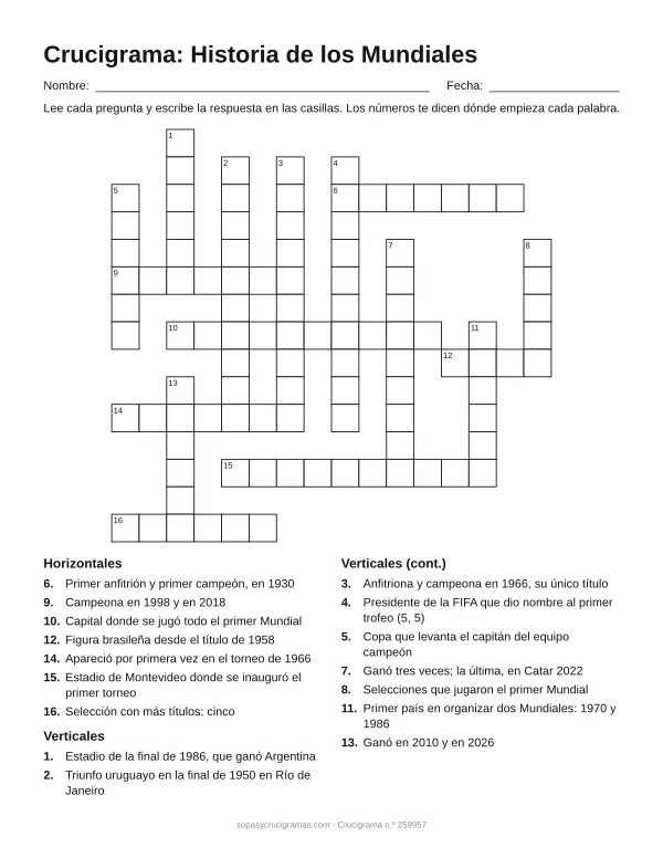 Hoja para imprimir del crucigrama de la historia de los Mundiales: cuadrícula numerada de 15 × 16 con 7 palabras horizontales y 9 verticales, y la lista de pistas.