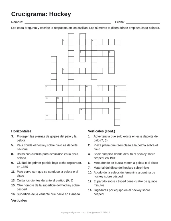 Hoja para imprimir del crucigrama de hockey: cuadrícula numerada de 16 × 14 con 8 palabras horizontales y 8 verticales, y la lista de pistas.
