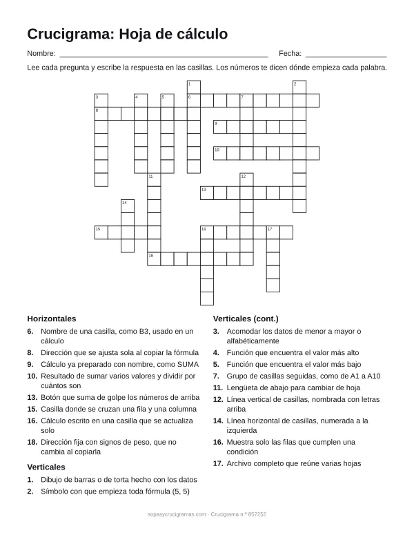 Hoja para imprimir del crucigrama de la hoja de cálculo: cuadrícula numerada de 17 × 17 con 8 palabras horizontales y 11 verticales, y la lista de pistas.