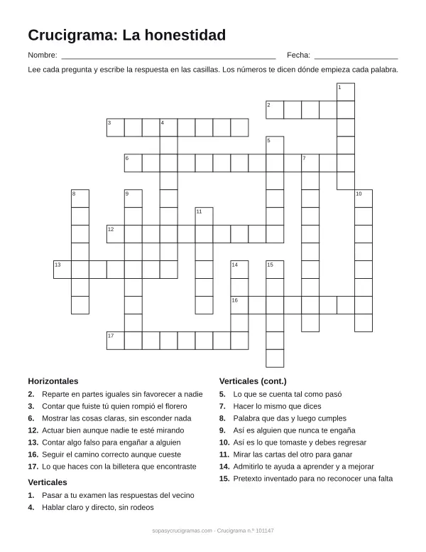 Hoja para imprimir del crucigrama de la honestidad: cuadrícula numerada de 16 × 18 con 7 palabras horizontales y 10 verticales, y la lista de pistas.