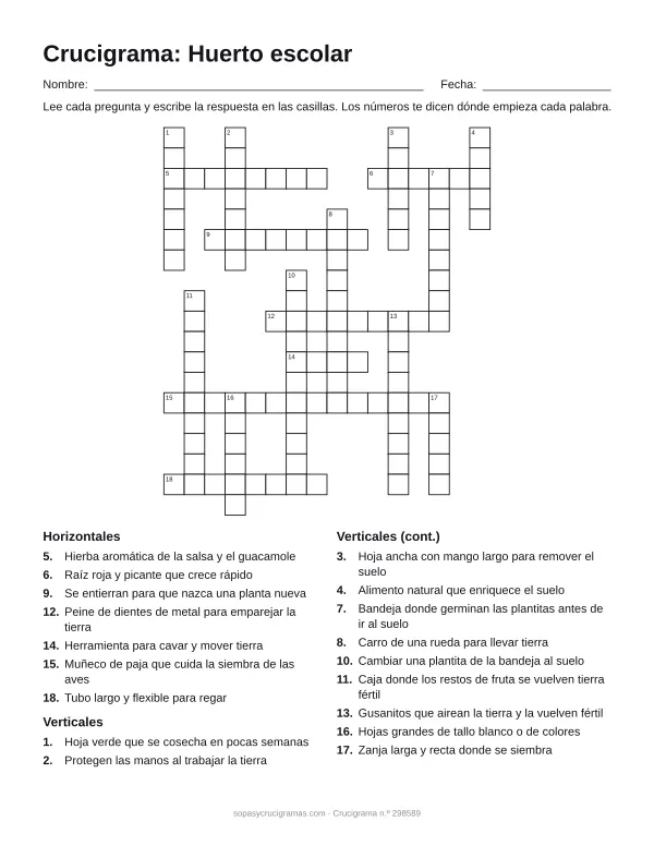 Hoja para imprimir del crucigrama del huerto escolar: cuadrícula numerada de 19 × 16 con 7 palabras horizontales y 11 verticales, y la lista de pistas.