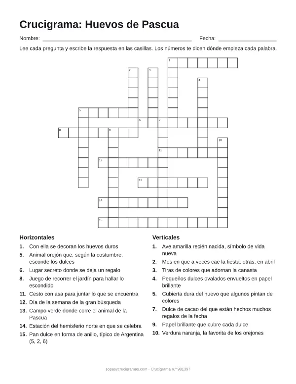 Hoja para imprimir del crucigrama de huevos de Pascua: cuadrícula numerada de 17 × 18 con 9 palabras horizontales y 8 verticales, y la lista de pistas.