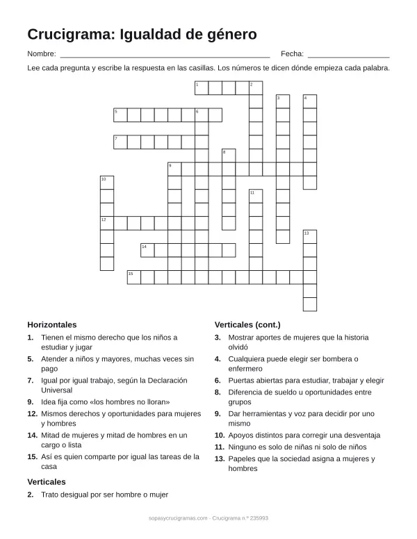 Hoja para imprimir del crucigrama de la igualdad de género: cuadrícula numerada de 17 × 16 con 7 palabras horizontales y 9 verticales, y la lista de pistas.
