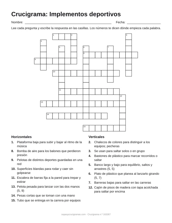 Hoja para imprimir del crucigrama de implementos deportivos: cuadrícula numerada de 16 × 17 con 8 palabras horizontales y 7 verticales, y la lista de pistas.