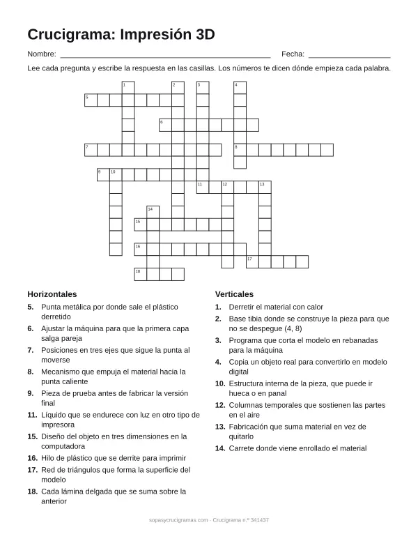 Hoja para imprimir del crucigrama de impresión 3D: cuadrícula numerada de 16 × 20 con 10 palabras horizontales y 8 verticales, y la lista de pistas.