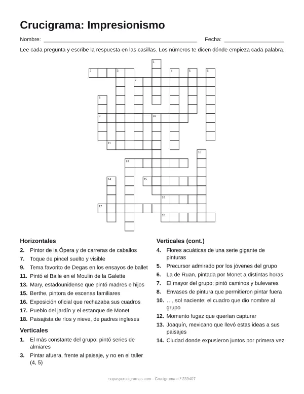 Hoja para imprimir del crucigrama del impresionismo: cuadrícula numerada de 19 × 14 con 9 palabras horizontales y 11 verticales, y la lista de pistas.