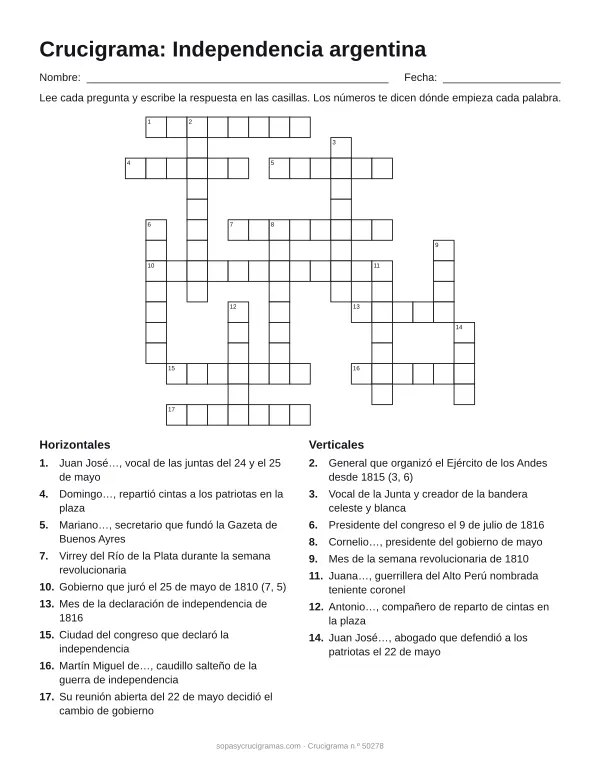 Hoja para imprimir del crucigrama de la Independencia argentina: cuadrícula numerada de 15 × 17 con 9 palabras horizontales y 8 verticales, y la lista de pistas.