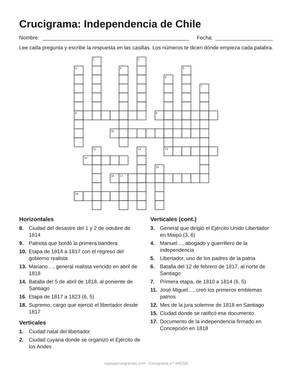 Hoja para imprimir del crucigrama de la Independencia de Chile: cuadrícula numerada de 17 × 16 con 7 palabras horizontales y 11 verticales, y la lista de pistas.