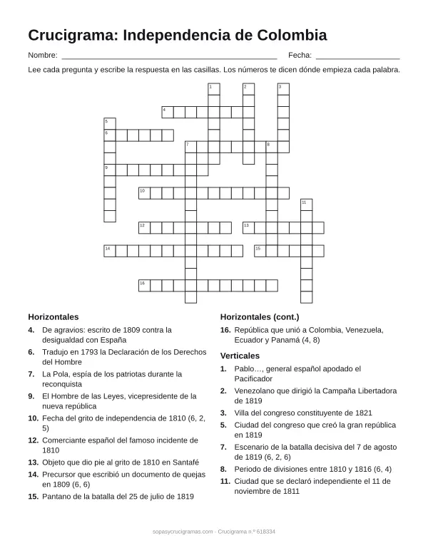 Hoja para imprimir del crucigrama de la Independencia de Colombia: cuadrícula numerada de 19 × 19 con 10 palabras horizontales y 7 verticales, y la lista de pistas.