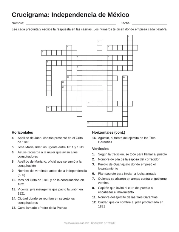 Hoja para imprimir del crucigrama de la Independencia de México: cuadrícula numerada de 18 × 19 con 10 palabras horizontales y 8 verticales, y la lista de pistas.
