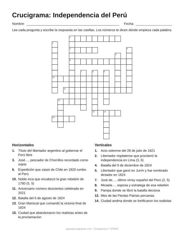 Hoja para imprimir del crucigrama de la Independencia del Perú: cuadrícula numerada de 18 × 14 con 8 palabras horizontales y 9 verticales, y la lista de pistas.
