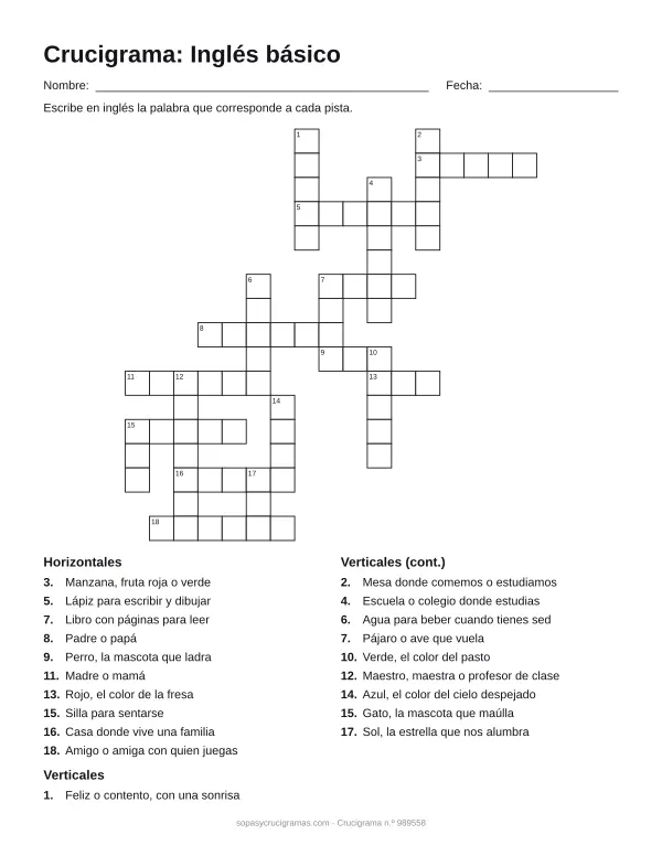 Hoja para imprimir del crucigrama en inglés básico: cuadrícula numerada de 17 × 17 con 10 palabras horizontales y 10 verticales, y la lista de pistas.