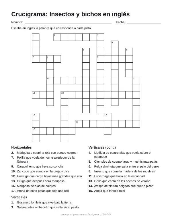 Hoja para imprimir del crucigrama de insectos en inglés: cuadrícula numerada de 15 × 15 con 8 palabras horizontales y 10 verticales, y la lista de pistas.