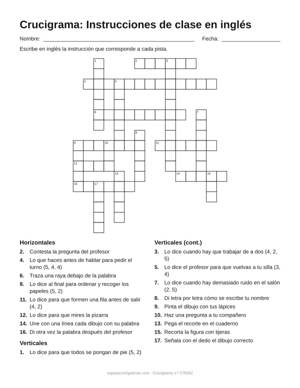 Hoja para imprimir del crucigrama de órdenes de clase en inglés: cuadrícula numerada de 17 × 15 con 8 palabras horizontales y 10 verticales, y la lista de pistas.