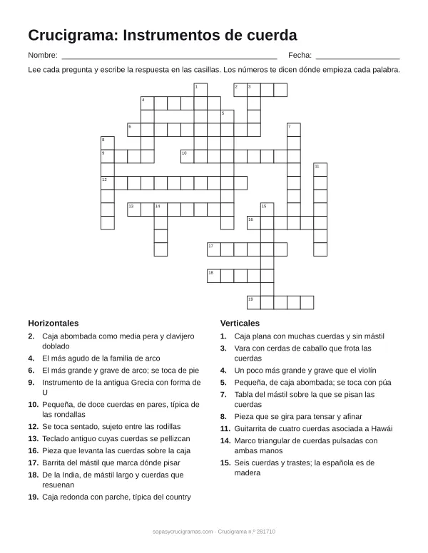 Hoja para imprimir del crucigrama de instrumentos de cuerda: cuadrícula numerada de 17 × 17 con 11 palabras horizontales y 9 verticales, y la lista de pistas.