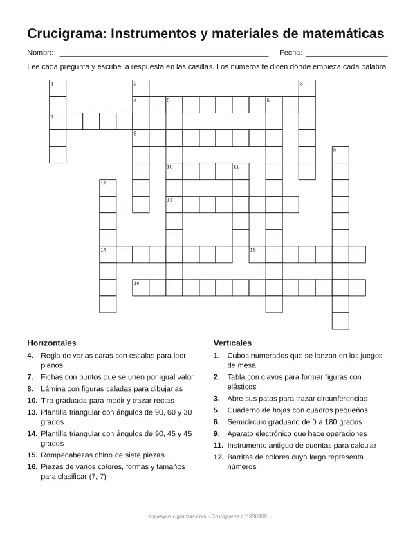 Hoja para imprimir del crucigrama de instrumentos matemáticos: cuadrícula numerada de 15 × 19 con 8 palabras horizontales y 8 verticales, y la lista de pistas.