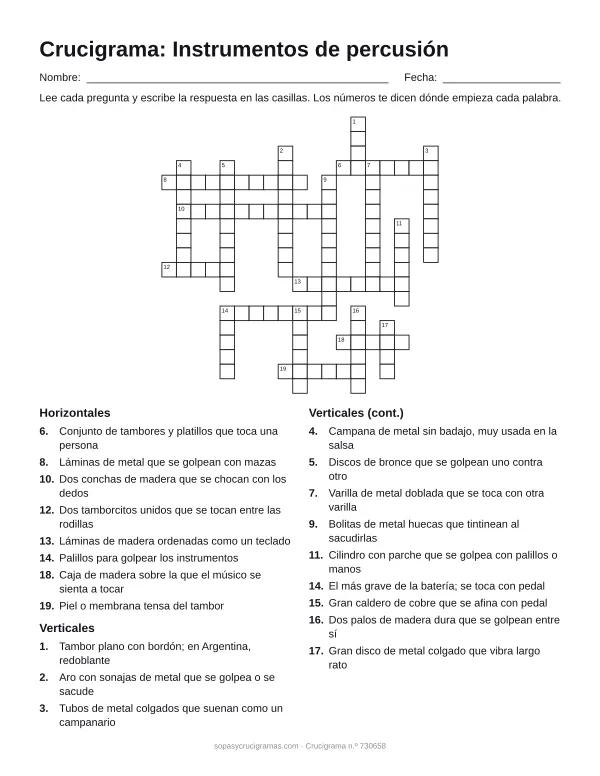 Hoja para imprimir del crucigrama de instrumentos de percusión: cuadrícula numerada de 19 × 19 con 8 palabras horizontales y 12 verticales, y la lista de pistas.