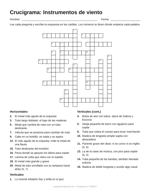 Hoja para imprimir del crucigrama de instrumentos de viento: cuadrícula numerada de 18 × 17 con 11 palabras horizontales y 9 verticales, y la lista de pistas.