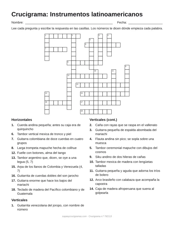 Hoja para imprimir del crucigrama de instrumentos latinos: cuadrícula numerada de 18 × 19 con 10 palabras horizontales y 10 verticales, y la lista de pistas.