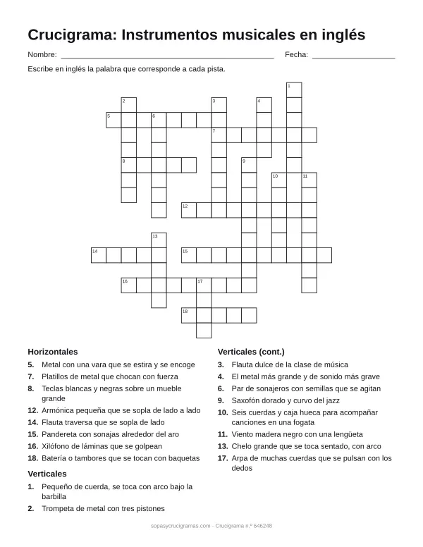 Hoja para imprimir del crucigrama de instrumentos en inglés: cuadrícula numerada de 17 × 16 con 8 palabras horizontales y 10 verticales, y la lista de pistas.