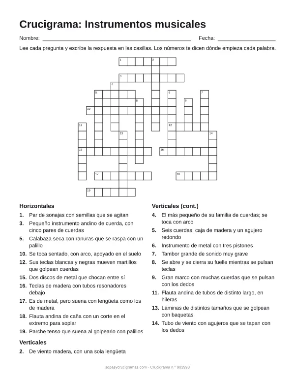 Hoja para imprimir del crucigrama de instrumentos musicales: cuadrícula numerada de 17 × 17 con 10 palabras horizontales y 10 verticales, y la lista de pistas.