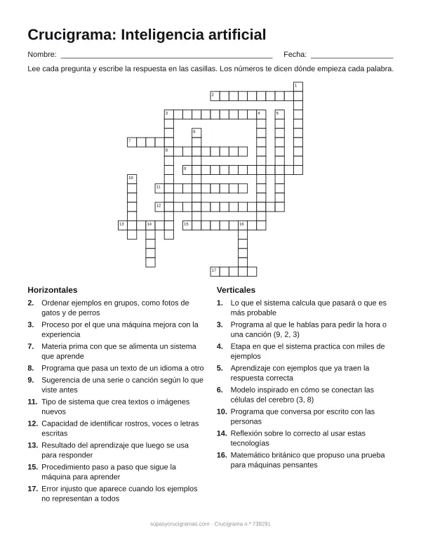 Hoja para imprimir del crucigrama de inteligencia artificial: cuadrícula numerada de 21 × 20 con 10 palabras horizontales y 8 verticales, y la lista de pistas.