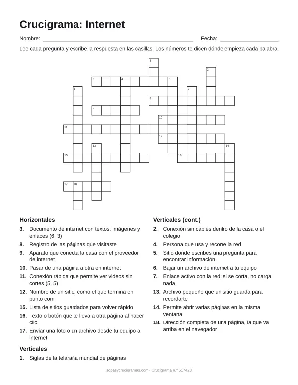 Hoja para imprimir del crucigrama de internet: cuadrícula numerada de 16 × 18 con 9 palabras horizontales y 9 verticales, y la lista de pistas.